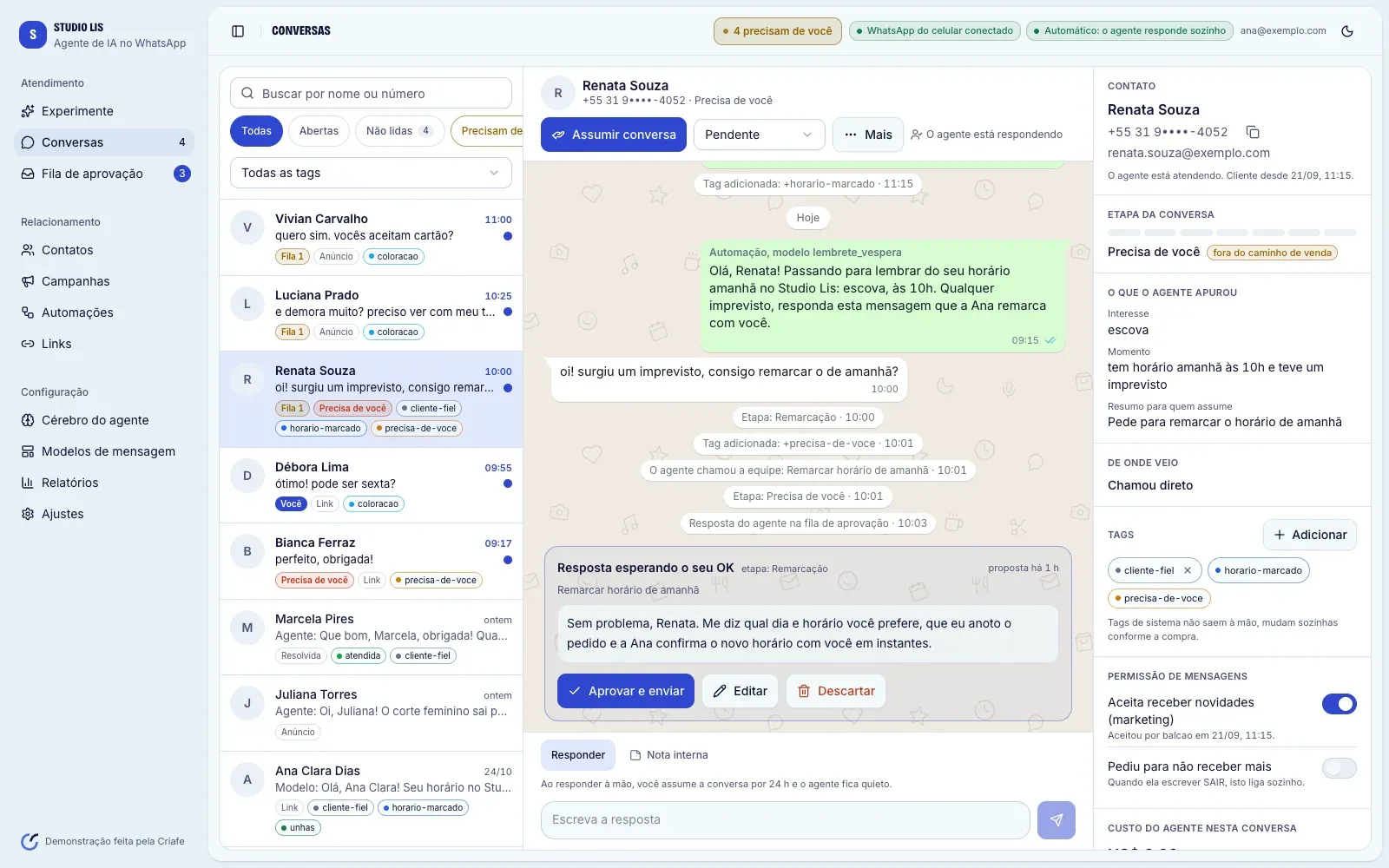 Tela Conversas do painel do agente de IA