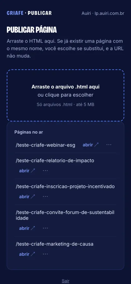 Página inicial no celular, Auíri