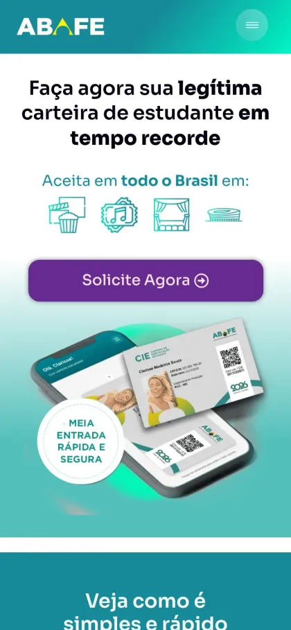 Página inicial no celular, Carteira de Estudante Brasil