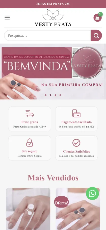 Página inicial no celular, Vesty Prata