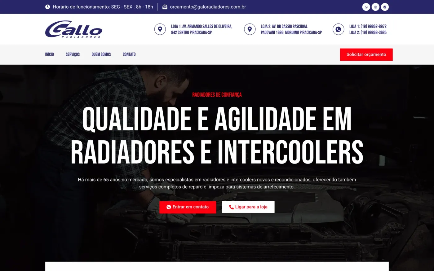 criação de site para oficina mecânica: página inicial, Gallo Radiadores