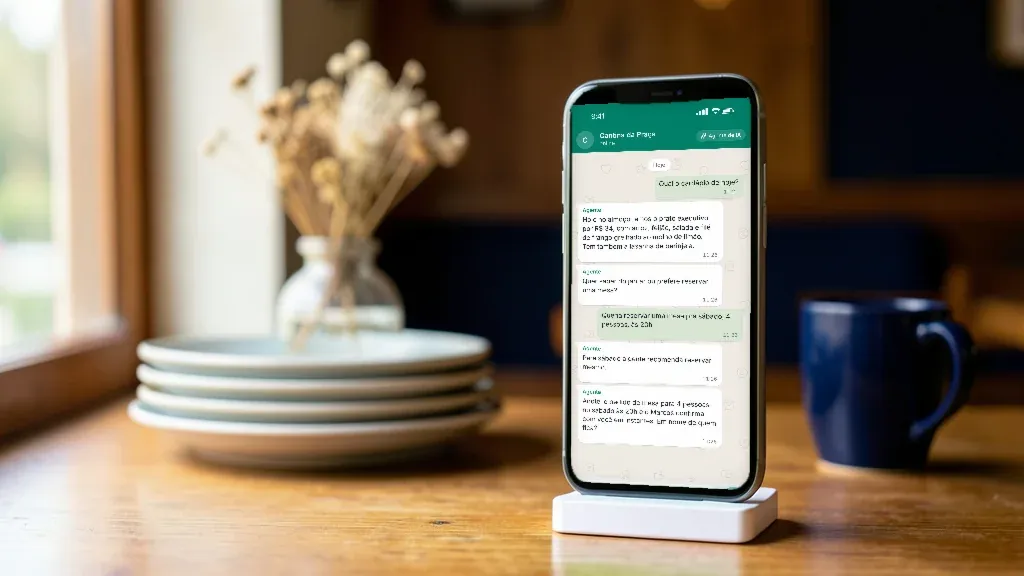 Celular com o agente atendendo um cliente de restaurante, bar e delivery
