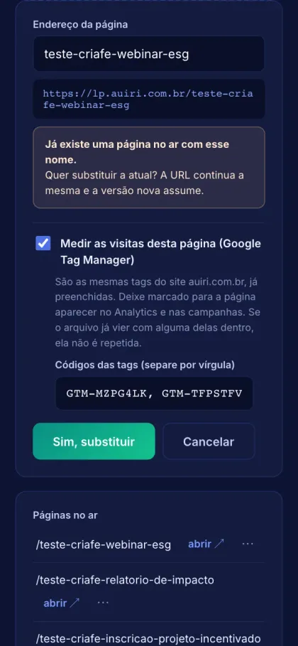 Auíri: A página muda, o link da campanha continua