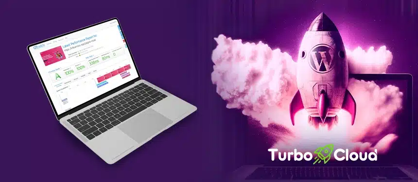 Banner demostrando o poder da Hospedagem Turbo Cloud, com um foguete na direita e um computador na esquerda